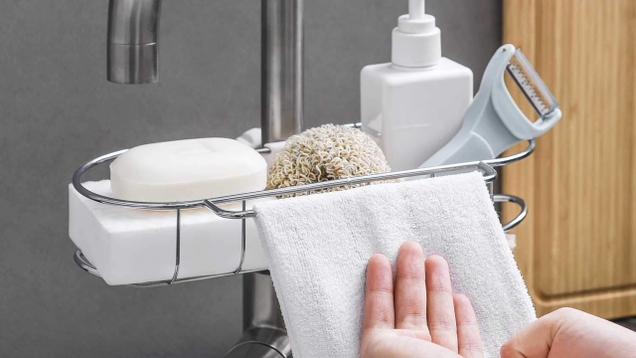 A sink caddy can keep sponges, soap dispensers, and other grimy things off your clean counters.